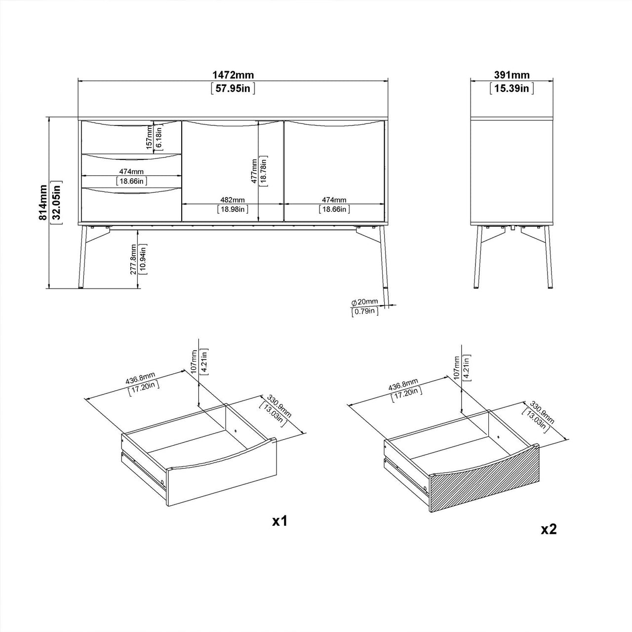 Fur Sideboard 2 Doors + 3 Drawers in Grey and White