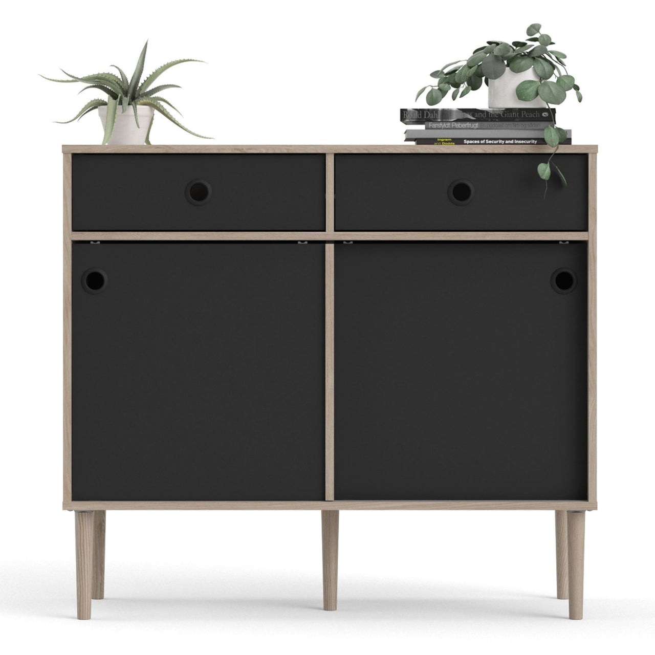 Rome Sideboard 2 Sliding Doors 2 Drawers in Jackson Hickory Oak with Matt Black