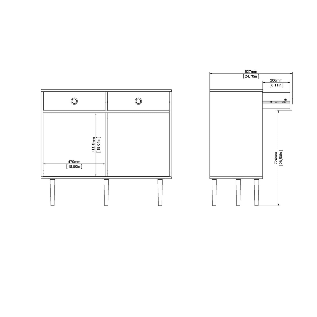 Rome Sideboard 2 Sliding Doors 2 Drawers in Jackson Hickory Oak with Matt Black