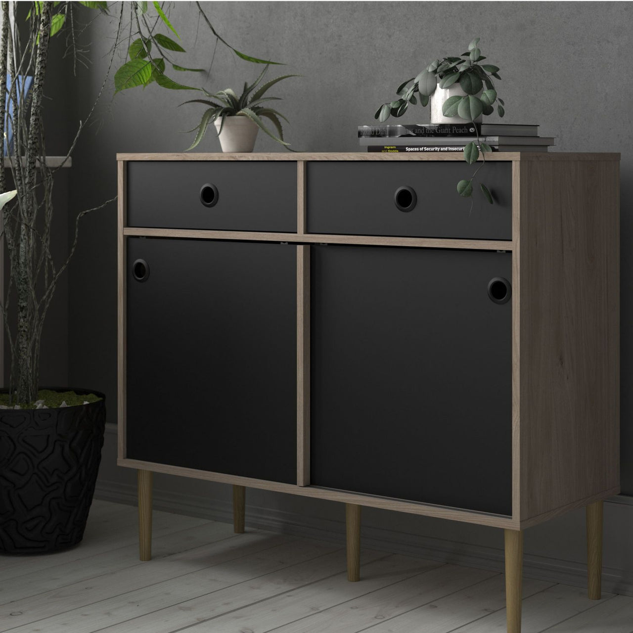 Rome Sideboard 2 Sliding Doors 2 Drawers in Jackson Hickory Oak with Matt Black