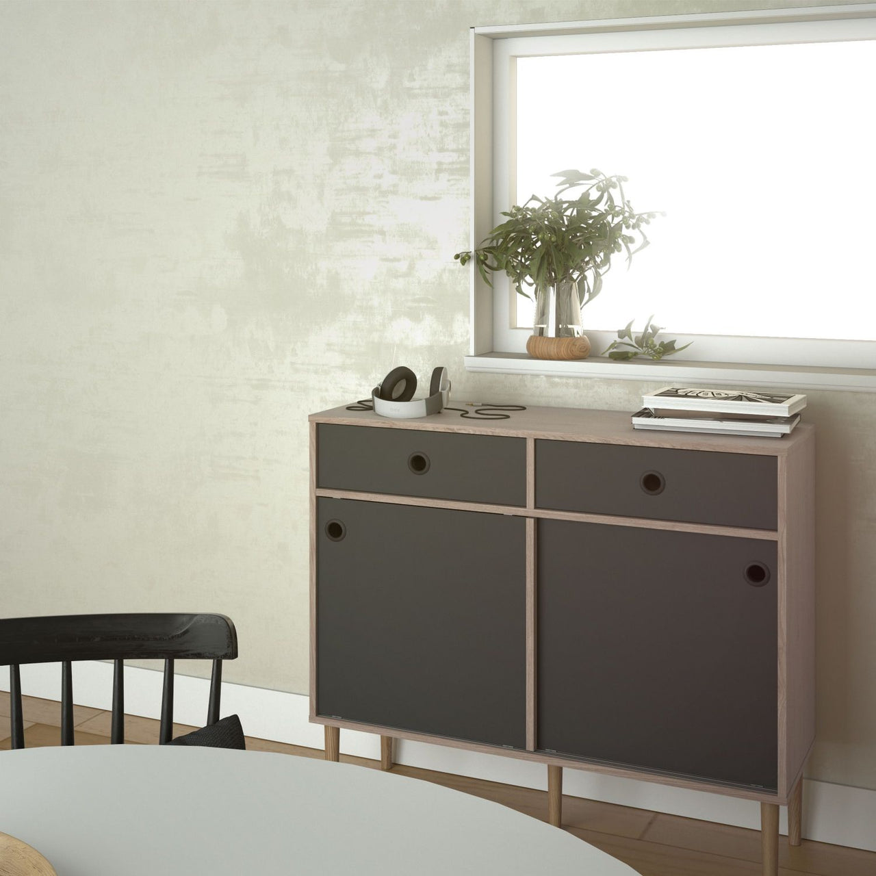 Rome Sideboard 2 Sliding Doors 2 Drawers in Jackson Hickory Oak with Matt Black