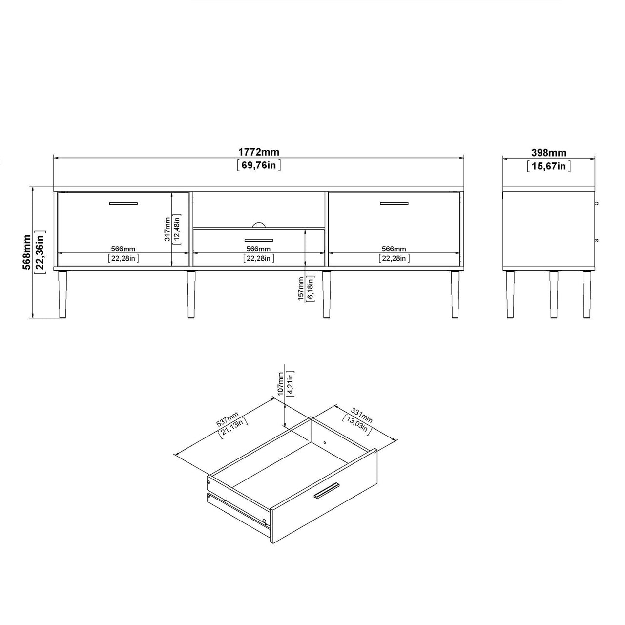 Media TVUnit with 2 Doors + 1 Drawer in White