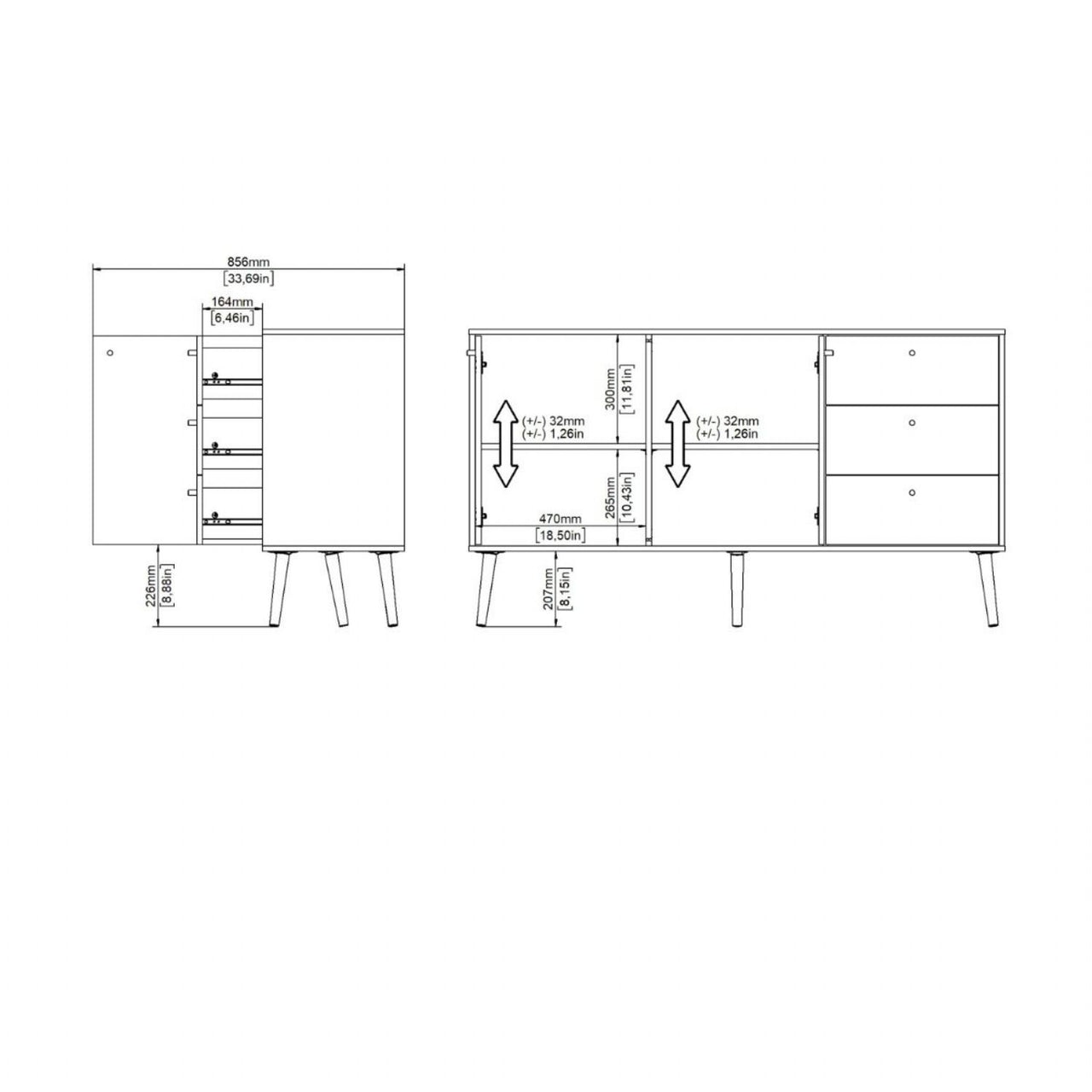 Cumbria Sideboard 2 Doors + 3 Drawers White