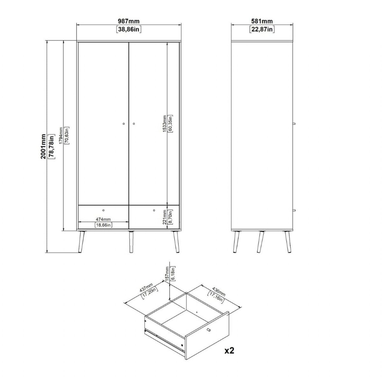 Cumbria Wardrobe with 2 Doors + 2 Drawers White