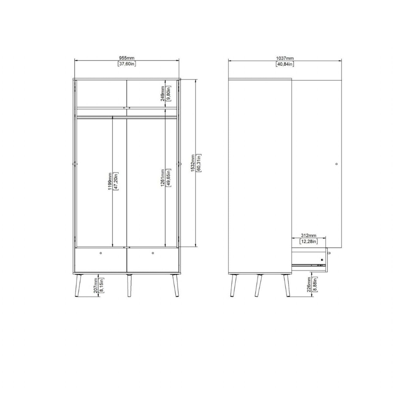 Cumbria Wardrobe with 2 Doors + 2 Drawers Dark Grey