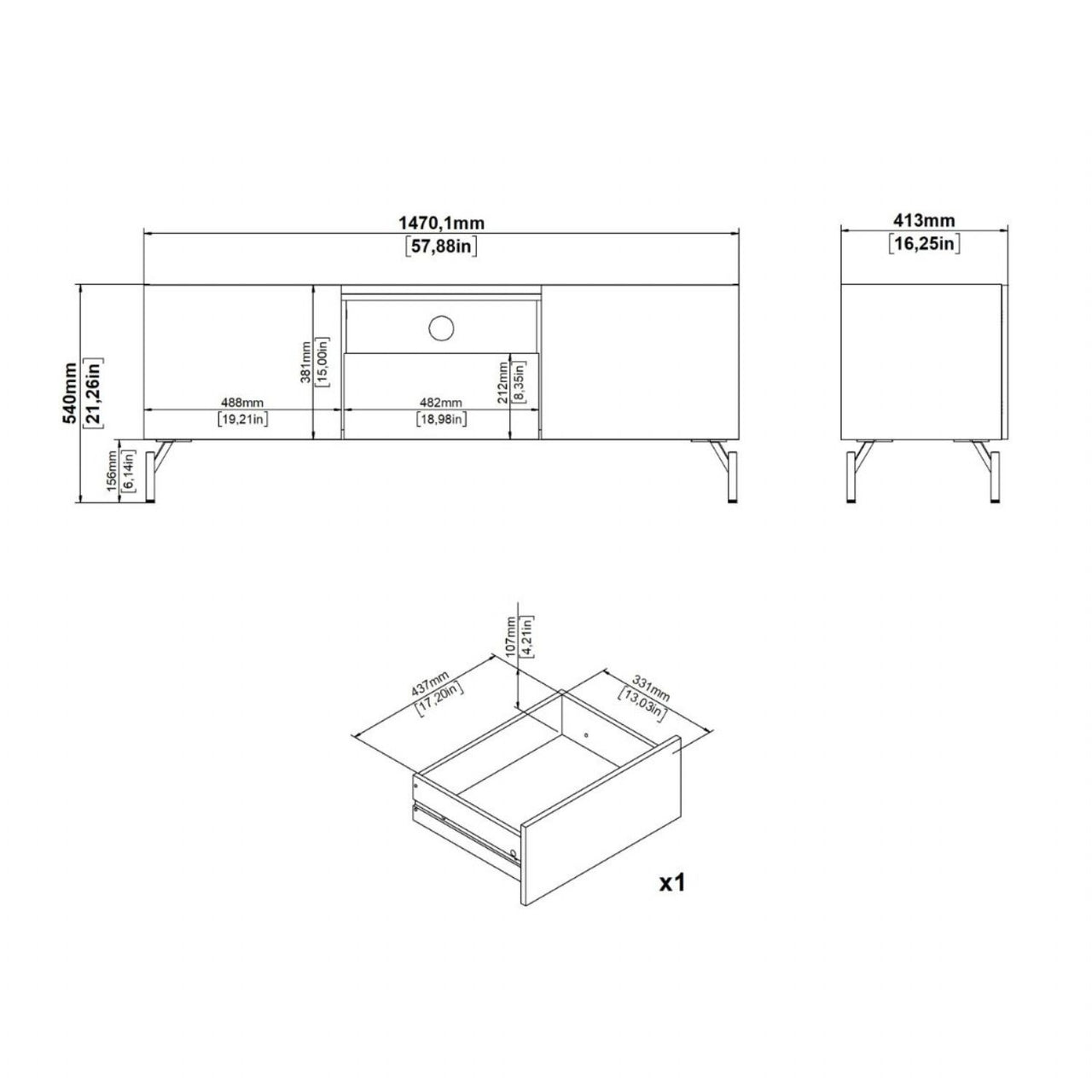 Kendall TVUnit with 2 Doors + 1 Drawer Oak and Black