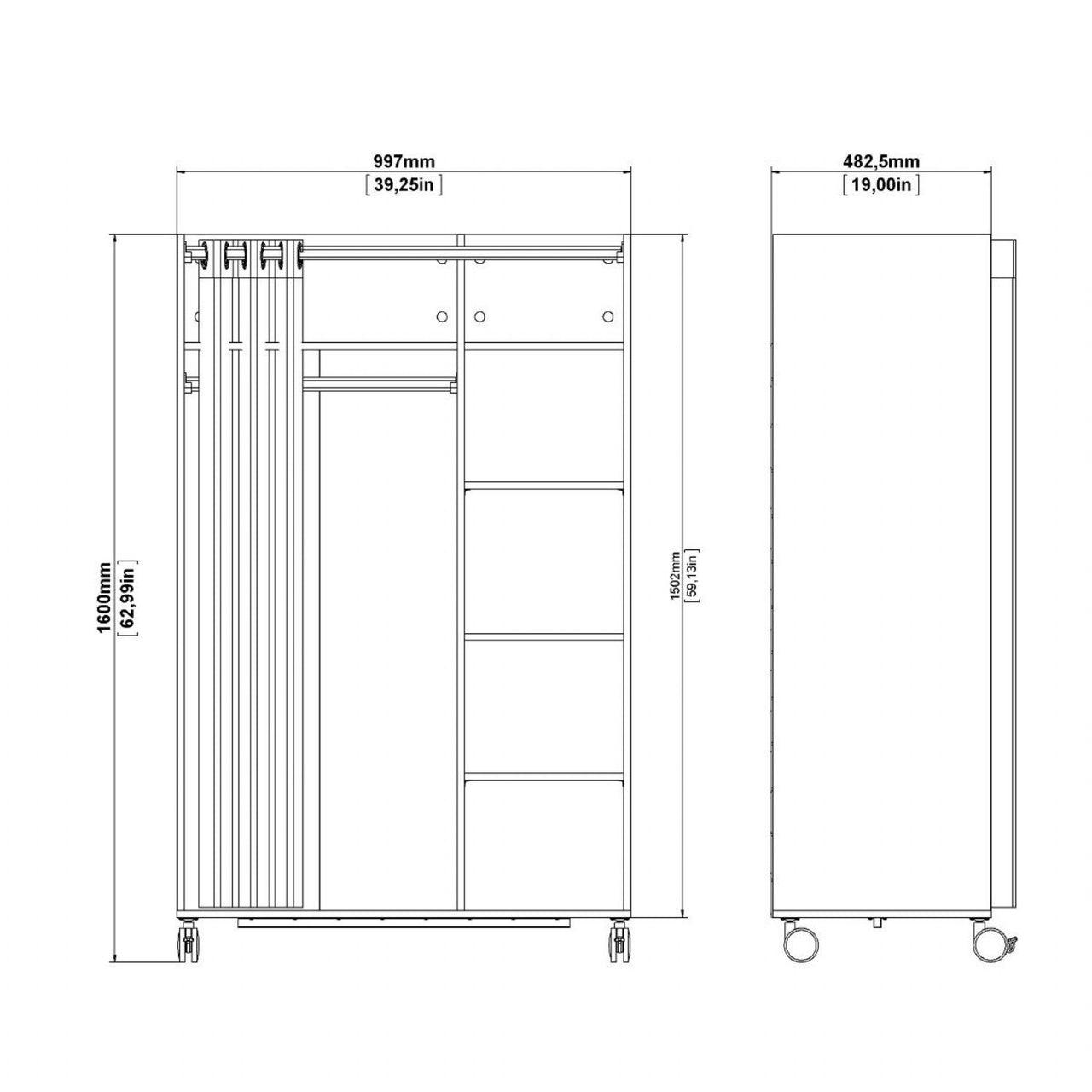 Uppsala Open Mobile Wardrobe Unit in White with a Beige Textile Curtain on Wheels