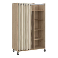 Thumbnail for Uppsala Open Mobile Wardrobe Unit in Jackson Hickory Oak with a Beige Textile Curtain on Wheels