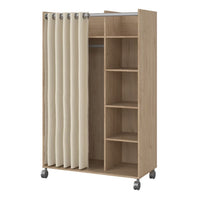 Thumbnail for Uppsala Open Mobile Wardrobe Unit in Jackson Hickory Oak with a Beige Textile Curtain on Wheels