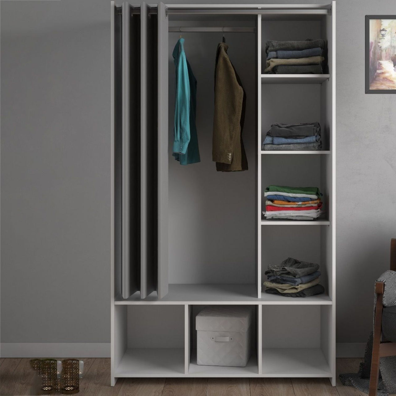 Uppsala Open Mobile Wardrobe Unit in White with a Grey Textile Curtain