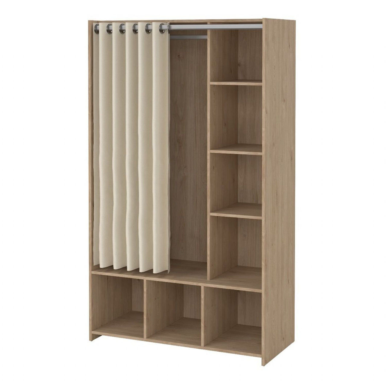 Uppsala Open Mobile Wardrobe Unit in Jackson Hickory Oak with a Beige Textile Curtain