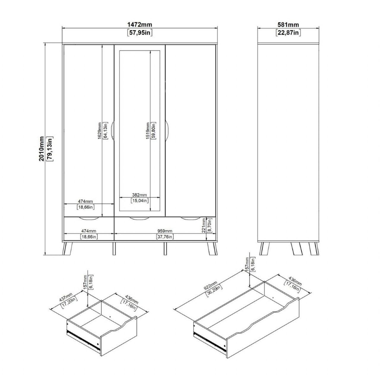 Ikast Wardrobe 3 Doors and 2 Drawers with Mirror in Jackson Hickory and White