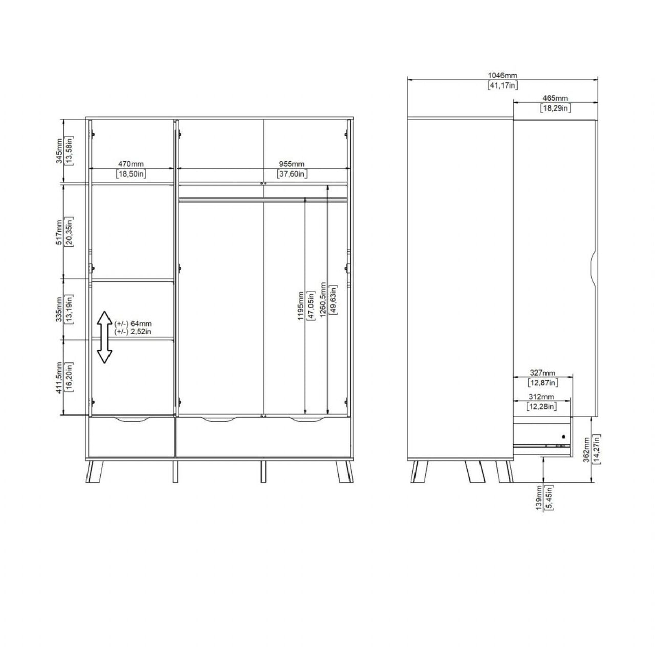 Ikast Wardrobe 3 Doors and 2 Drawers with Mirror in Jackson Hickory and White