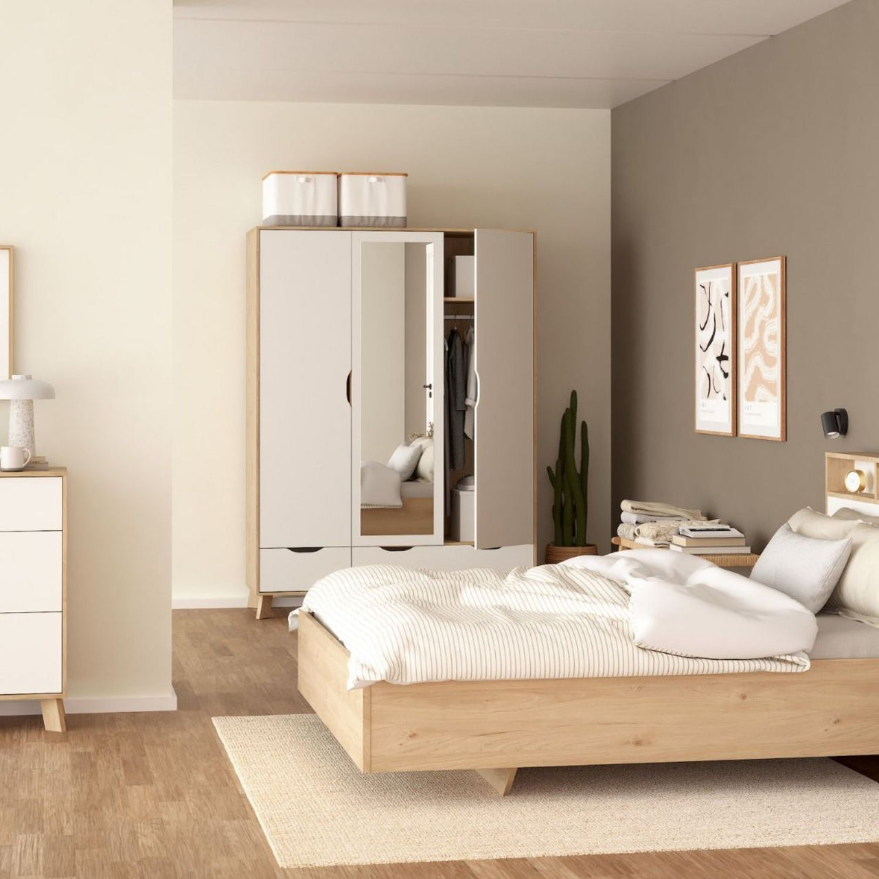 Ikast Wardrobe 3 Doors and 2 Drawers with Mirror in Jackson Hickory and White