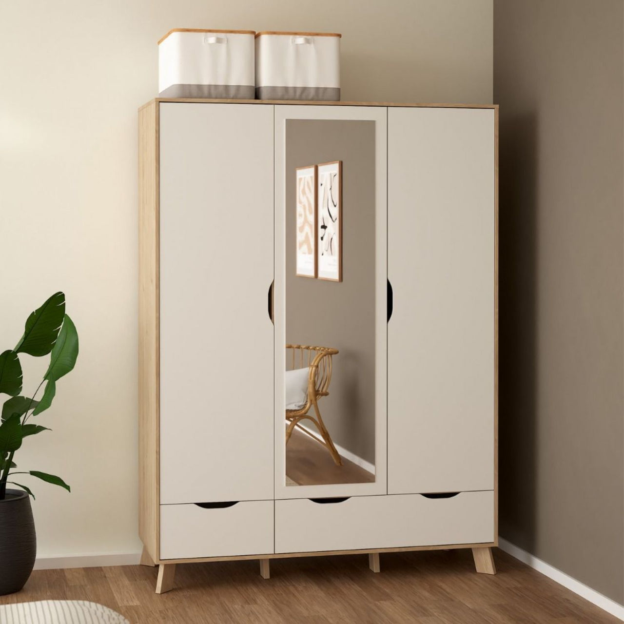 Ikast Wardrobe 3 Doors and 2 Drawers with Mirror in Jackson Hickory and White