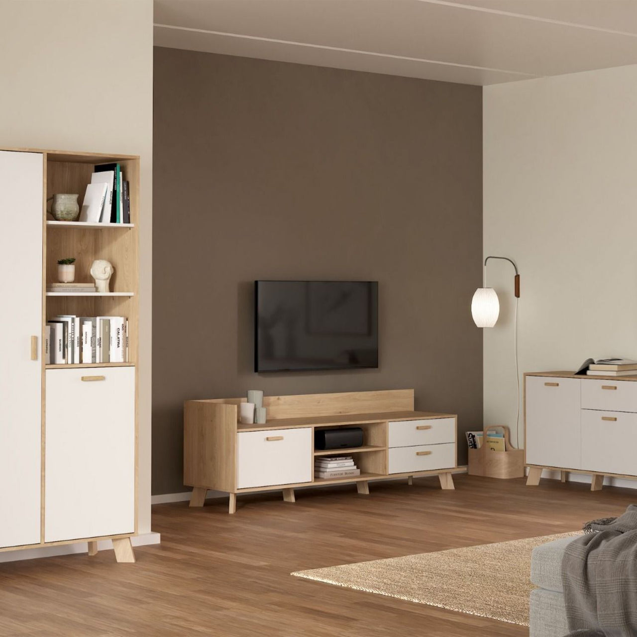 Ikast TVunit with 1 Door + 2 Drawers in Jackson Hickory and White