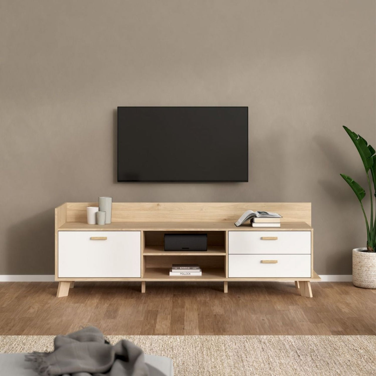 Ikast TVunit with 1 Door + 2 Drawers in Jackson Hickory and White