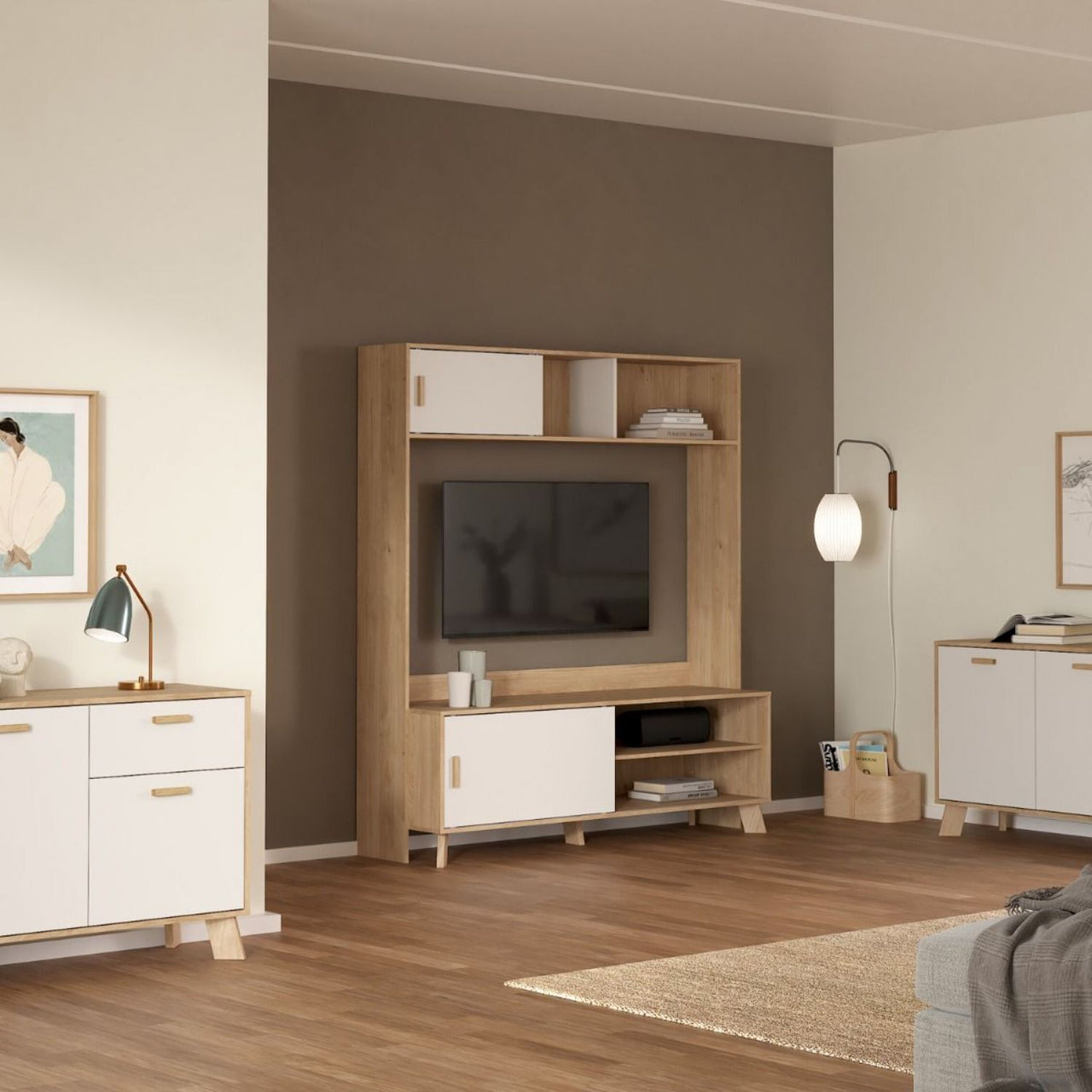 Ikast TVWall Unit with 2 Sliding Doors in Jackson Hickory and White