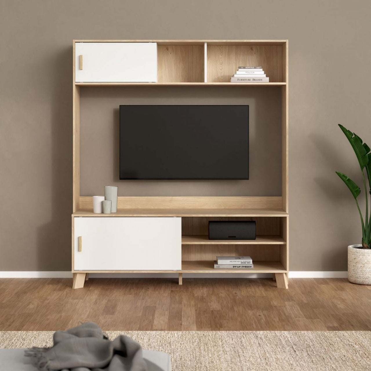 Ikast TVWall Unit with 2 Sliding Doors in Jackson Hickory and White