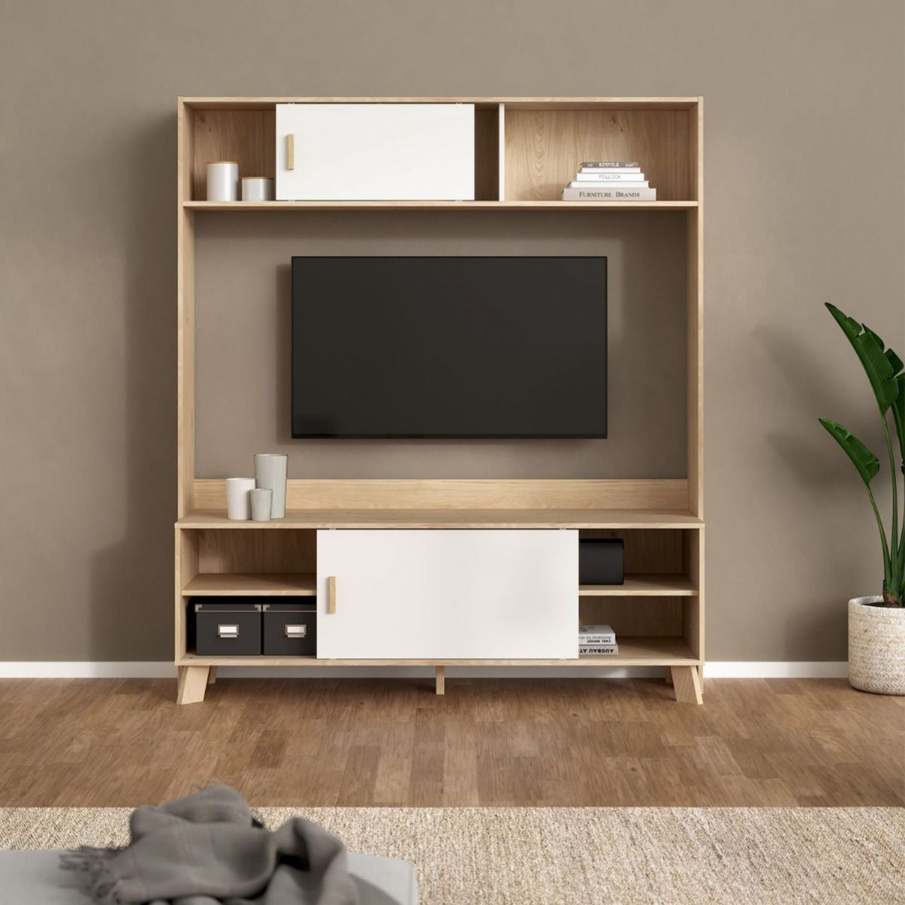 Ikast TVWall Unit with 2 Sliding Doors in Jackson Hickory and White