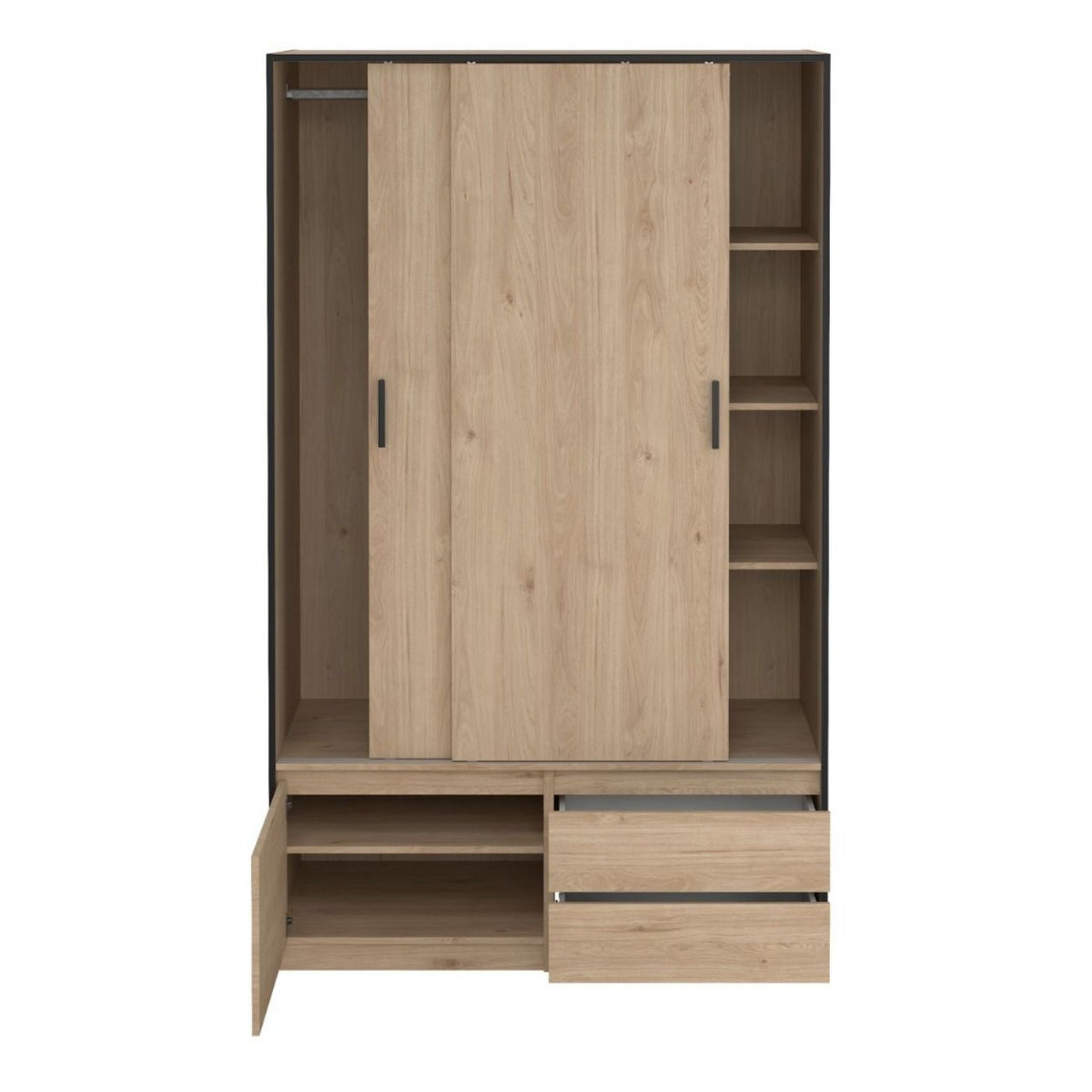 Line Wardrobe with 2 Sliding Doors 1 Small Door and 2 Drawers in Jackson Hickory Oak