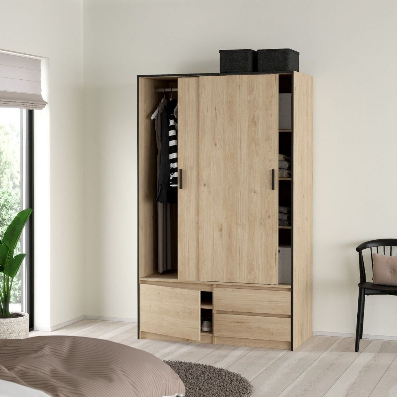 Line Wardrobe with 2 Sliding Doors 1 Small Door and 2 Drawers in Jackson Hickory Oak