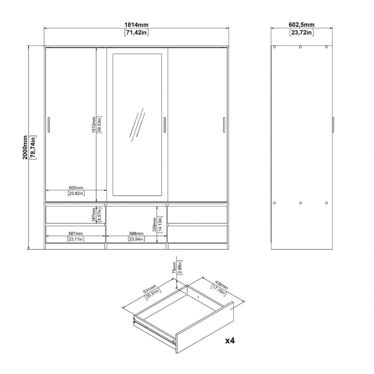 Line Wardrobe with 2 Sliding Doors 1 Sliding Door with Mirror in Jackson Hickory Oak