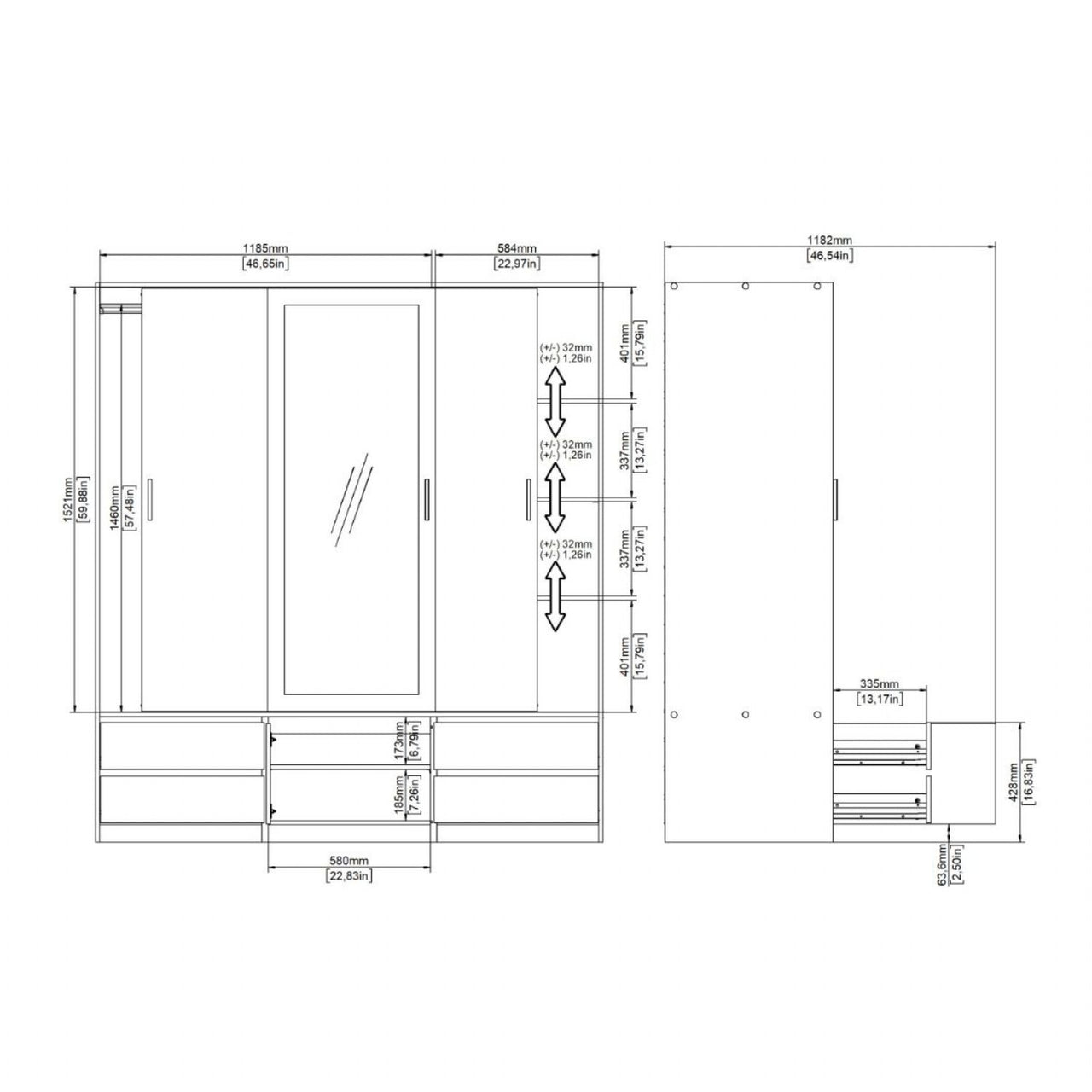 Line Wardrobe with 2 Sliding Doors 1 Sliding Door with Mirror in Jackson Hickory Oak