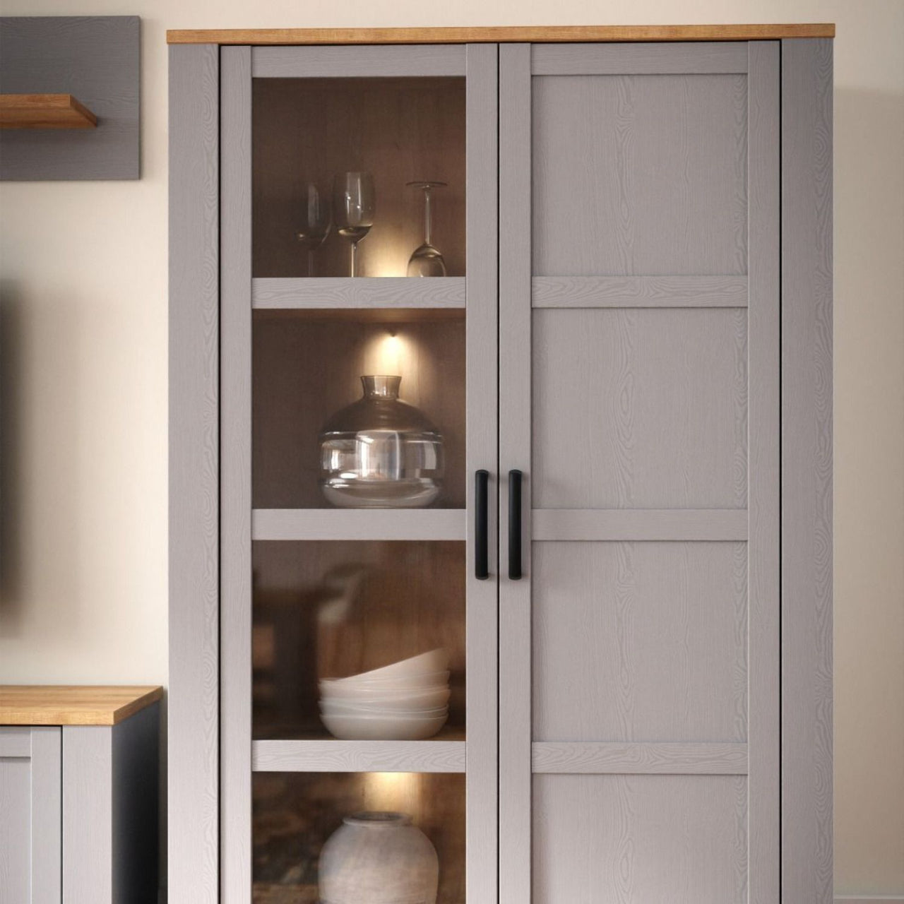 Bohol Display Cabinet inc. 2x LED Lights in Riviera Oak Grey Oak