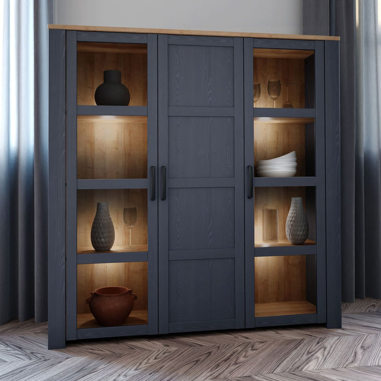 Bohol Large Display Cabinet in Riviera Oak Navy