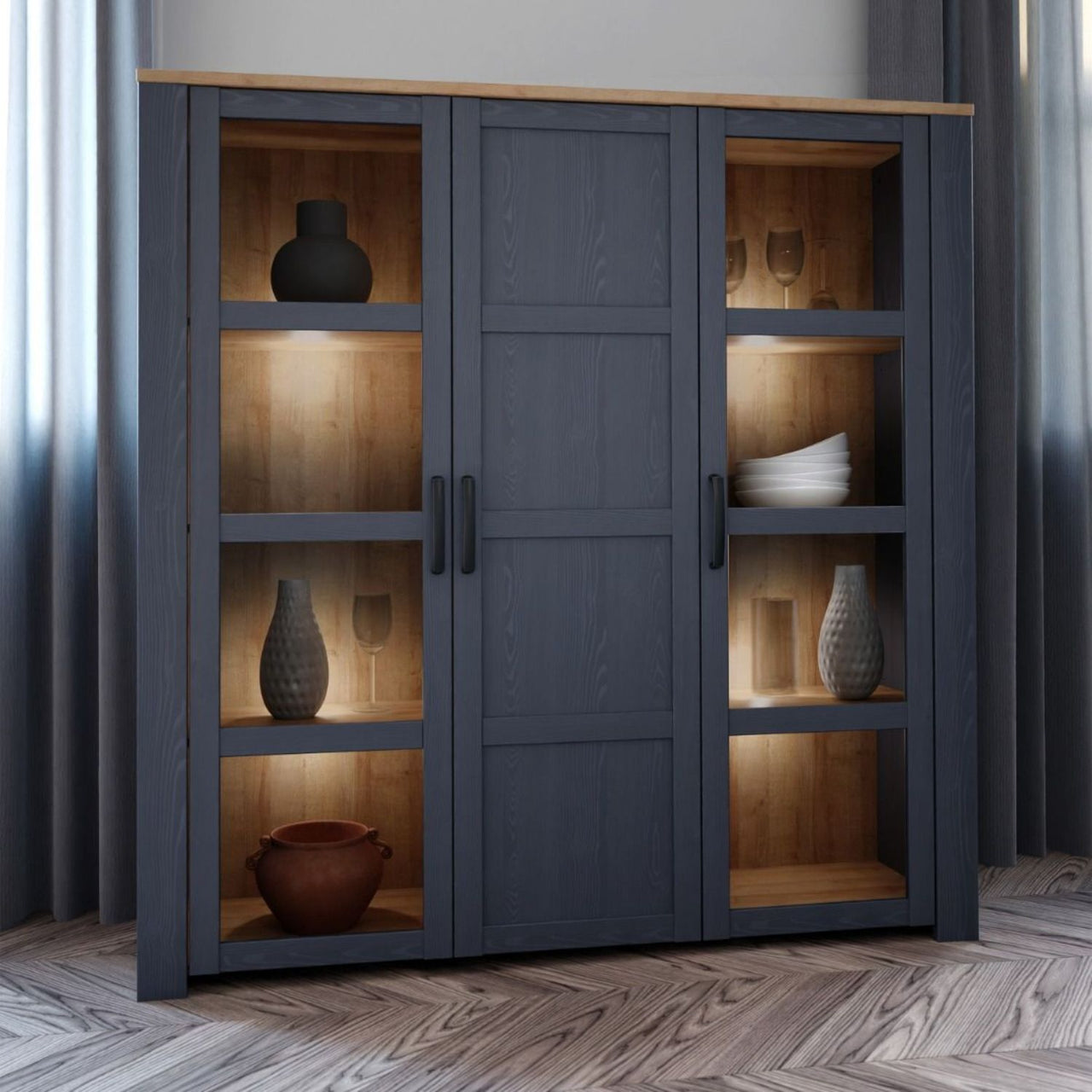 Bohol Large Display Cabinet inc. 4x LED Lights in Riviera Oak Navy