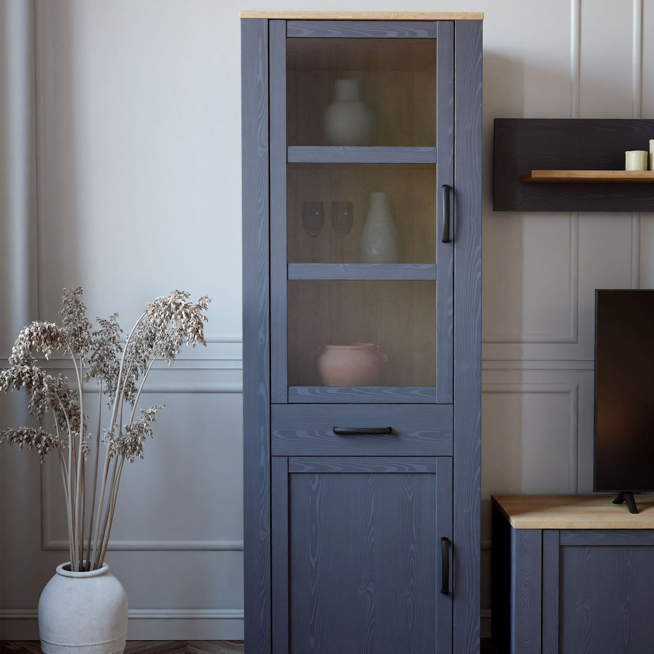 Bohol Narrow Display Cabinet in Riviera Oak Navy