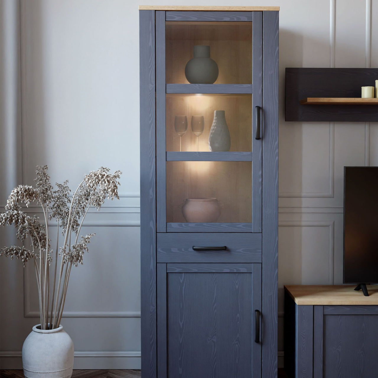 Bohol Narrow Display Cabinet in Riviera Oak Navy