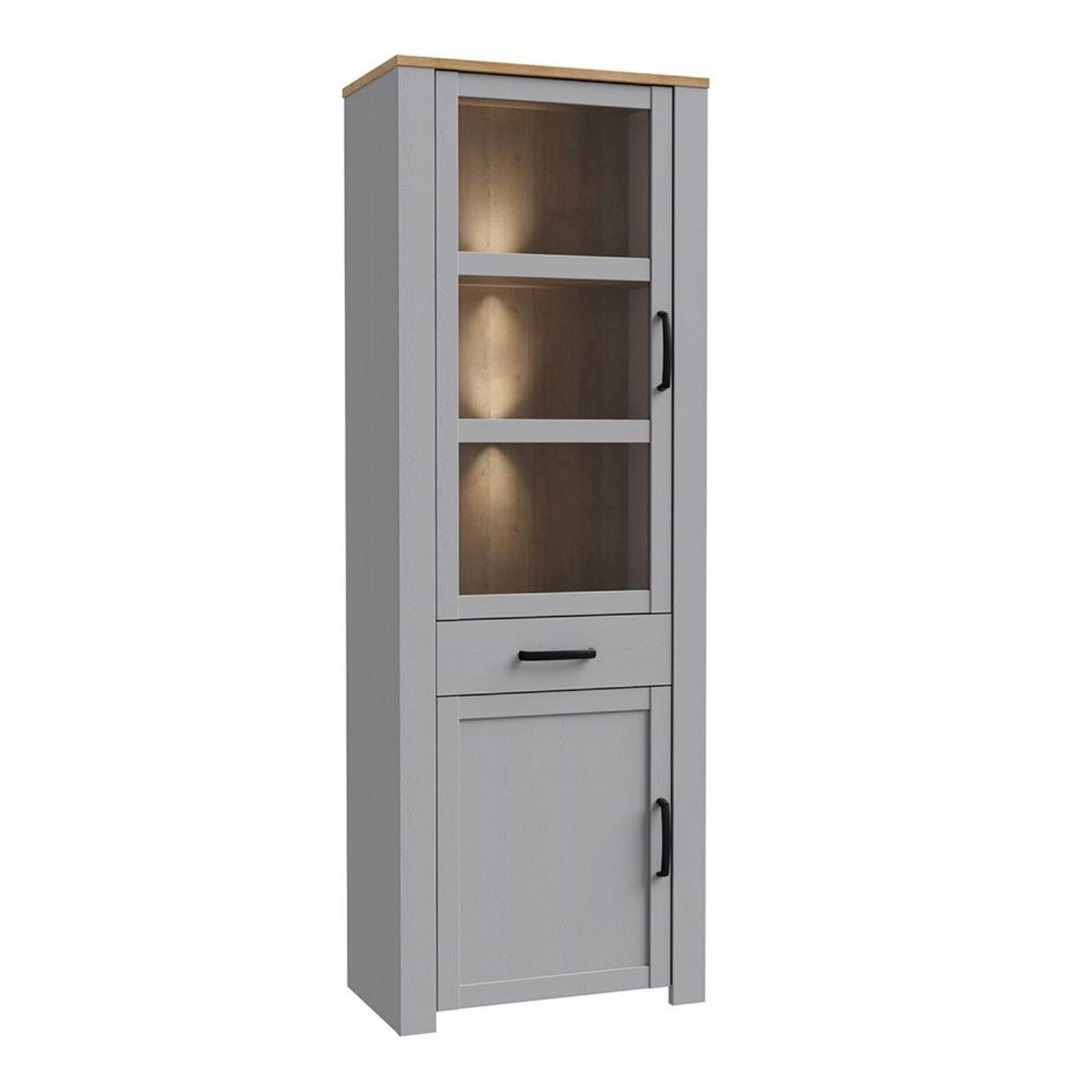 Bohol Narrow Display Cabinet inc. 2x LED Lights in Riviera Oak Grey Oak