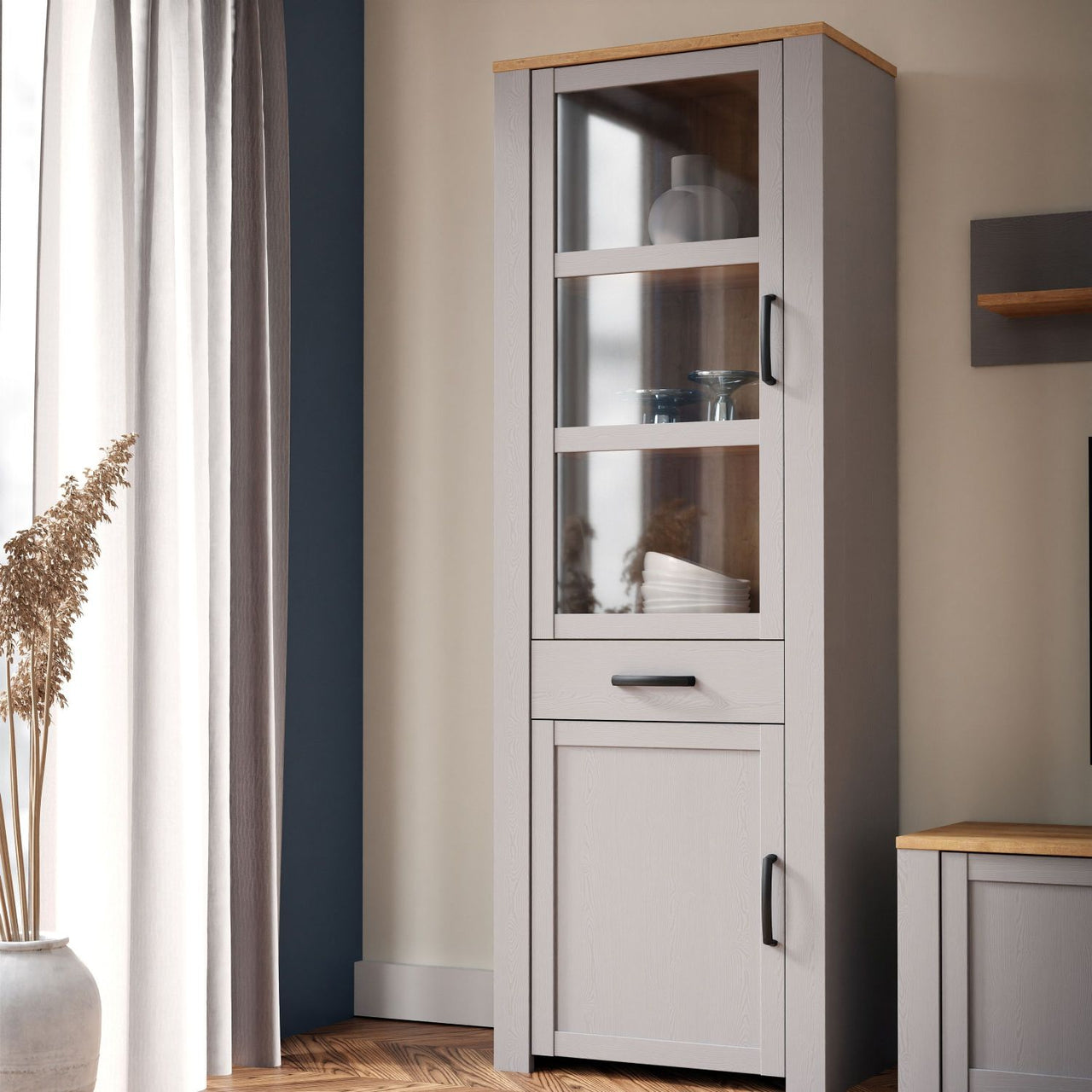 Bohol Narrow Display Cabinet in Riviera Oak Grey Oak