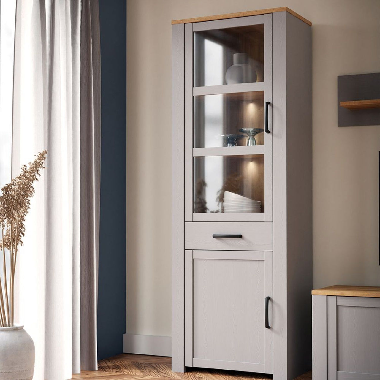 Bohol Narrow Display Cabinet inc. 2x LED Lights in Riviera Oak Grey Oak