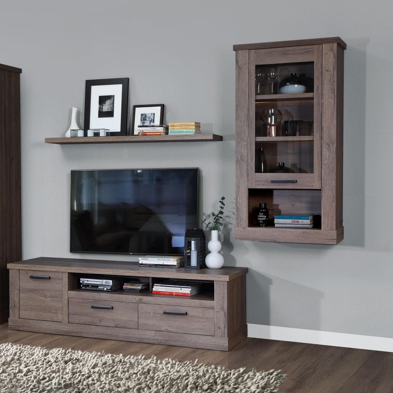 Corona 1 Door Wall Display Cabinet in Tabak Oak