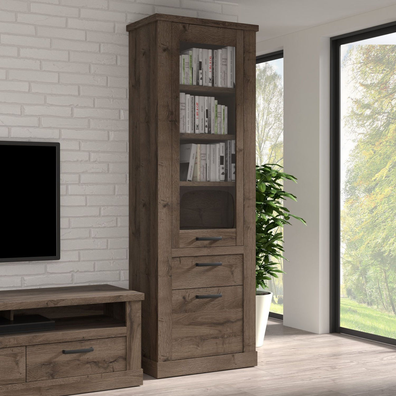 Corona 2 Door 1 Drawer 3 Shelve Narrow Display Cabinet in Tabak Oak