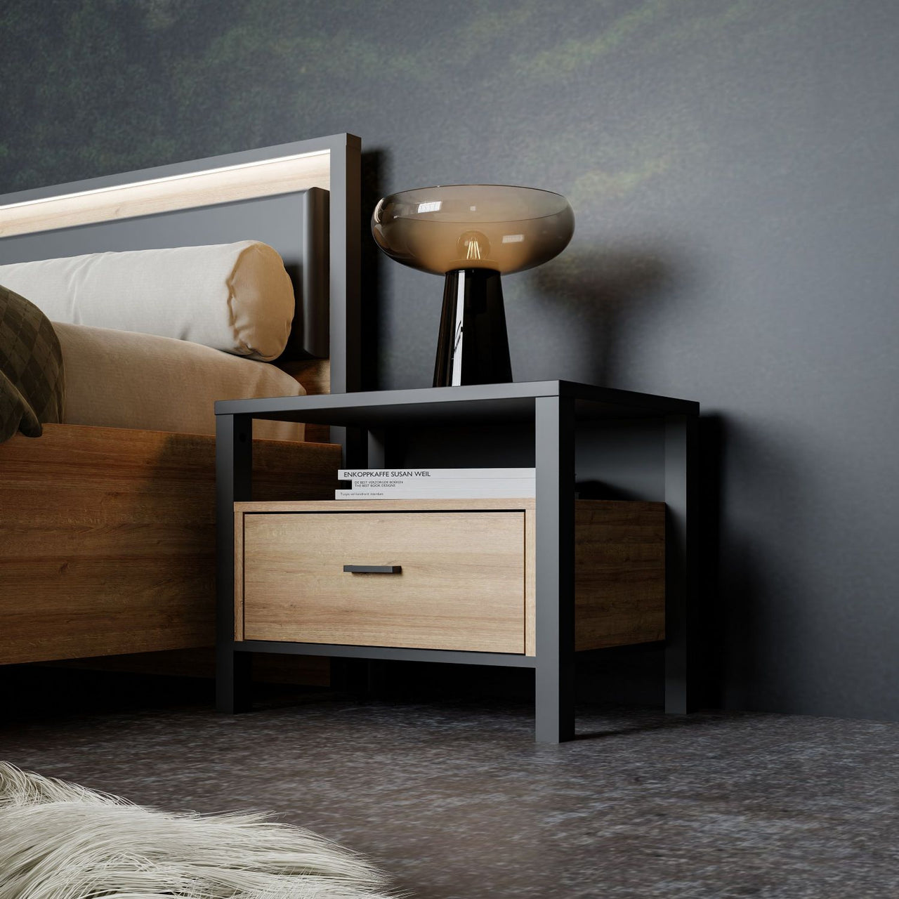 High Rock Bedside in Matt Black Riviera Oak