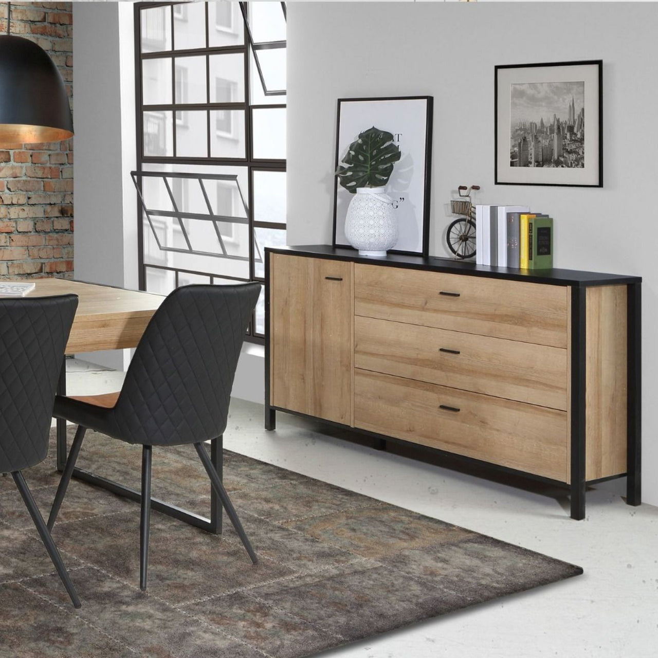 High Rock 1 Door 3 Drawer Sideboard in Matt Black Riviera Oak