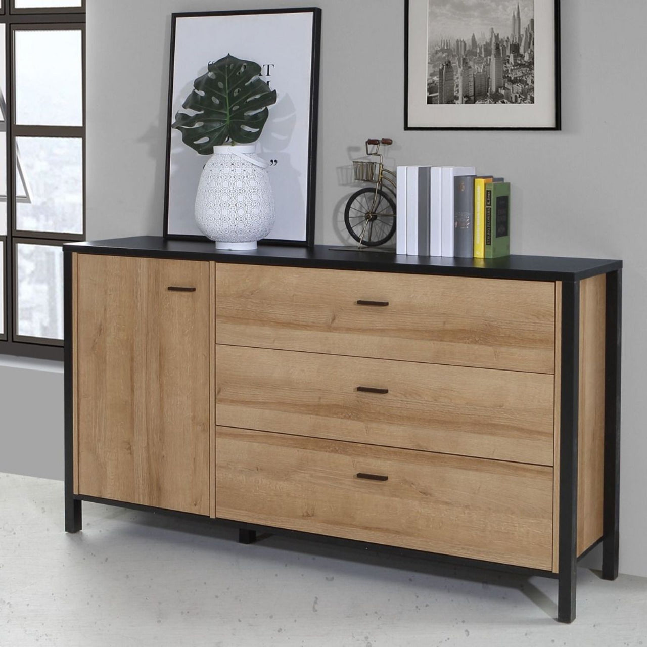 High Rock 1 Door 3 Drawer Sideboard in Matt Black Riviera Oak