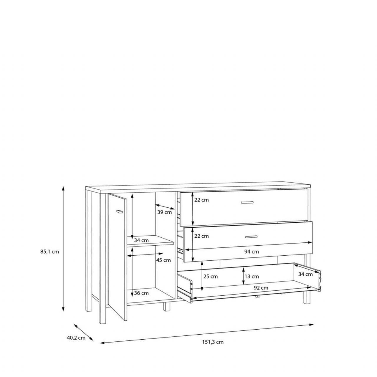 High Rock 1 Door 3 Drawer Sideboard in Matt Black Riviera Oak