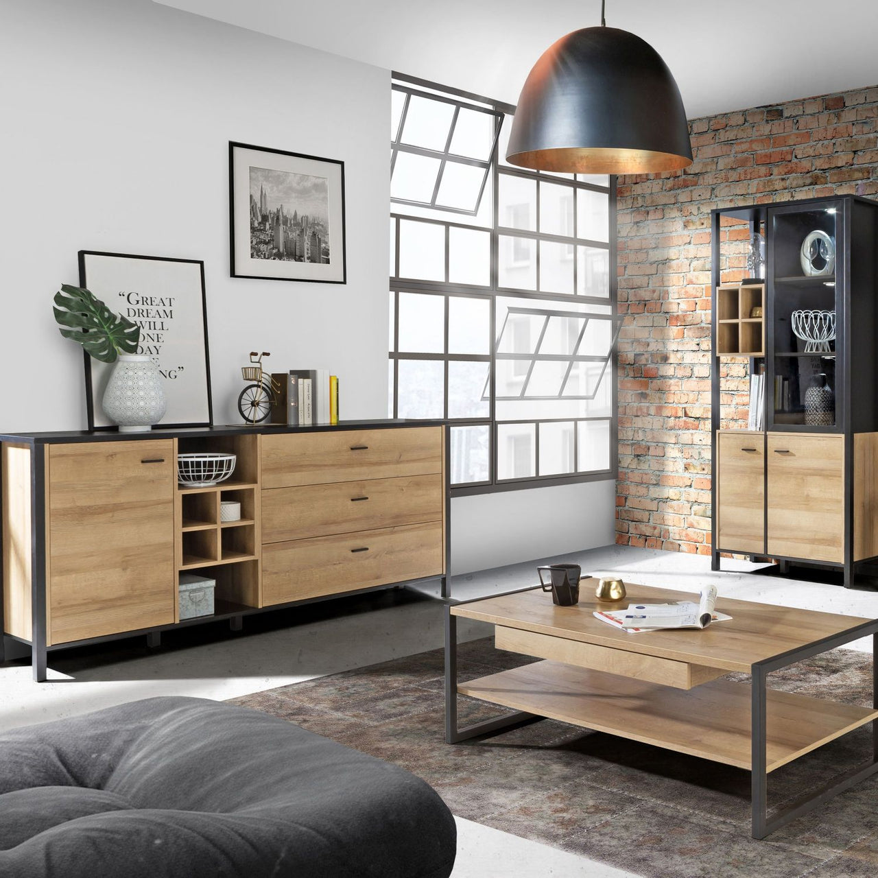 High Rock Extra Wide Display Cabinet in Matt Black Riviera Oak