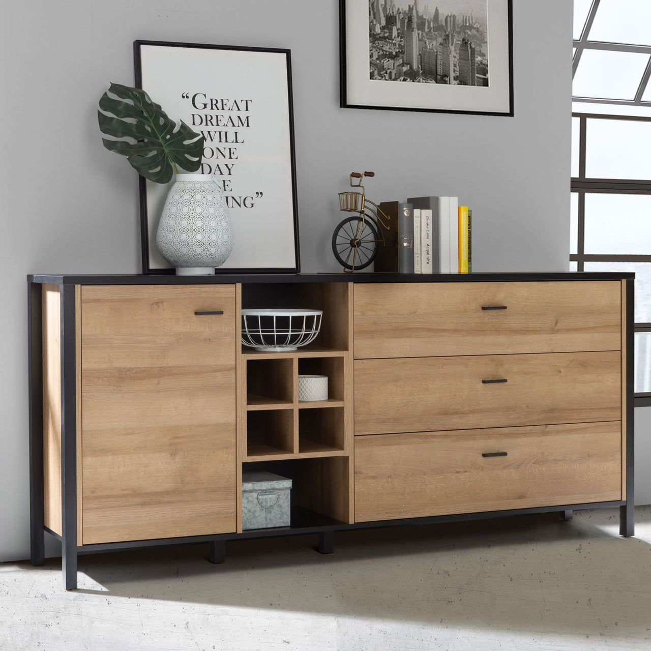 High Rock Wide Shelf Unit in Matt Black Riviera Oak