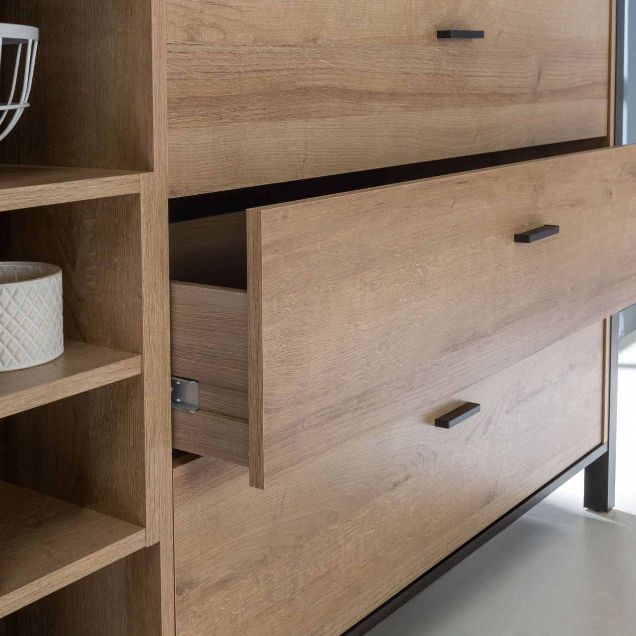 High Rock Extra Wide Display Cabinet in Matt Black Riviera Oak