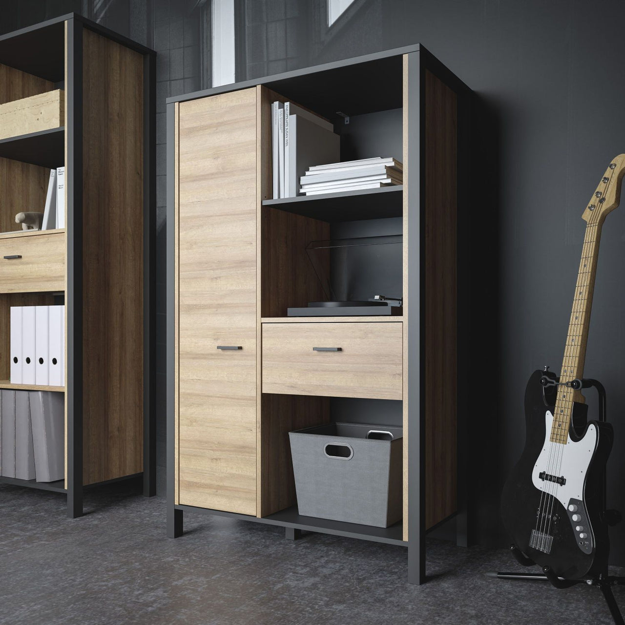 High Rock Wide Shelf Unit in Matt Black Riviera Oak