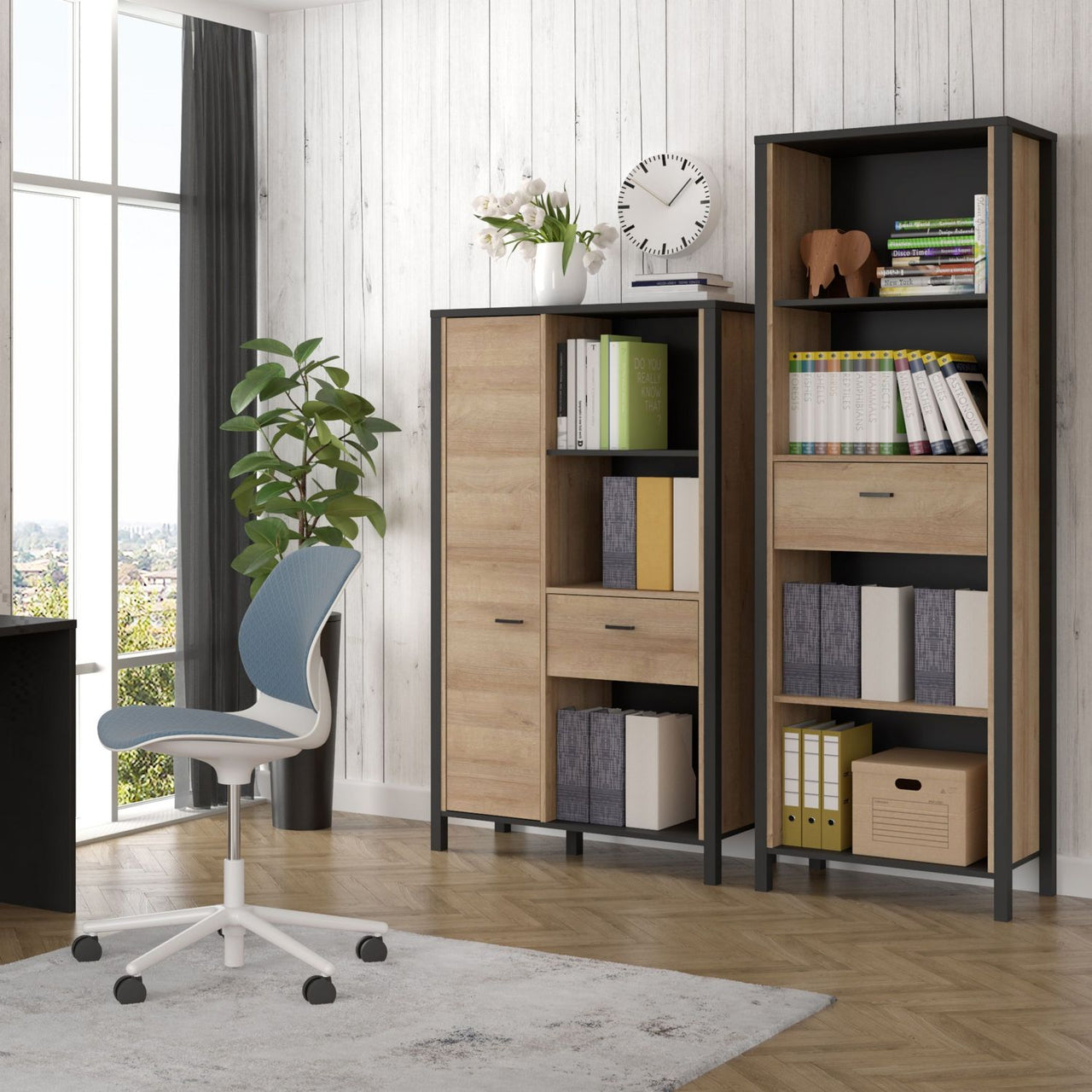 High Rock Wide Shelf Unit in Matt Black Riviera Oak