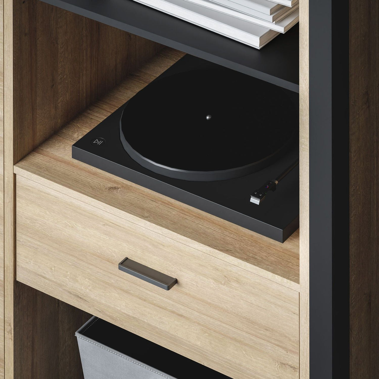 High Rock Wide Shelf Unit in Matt Black Riviera Oak