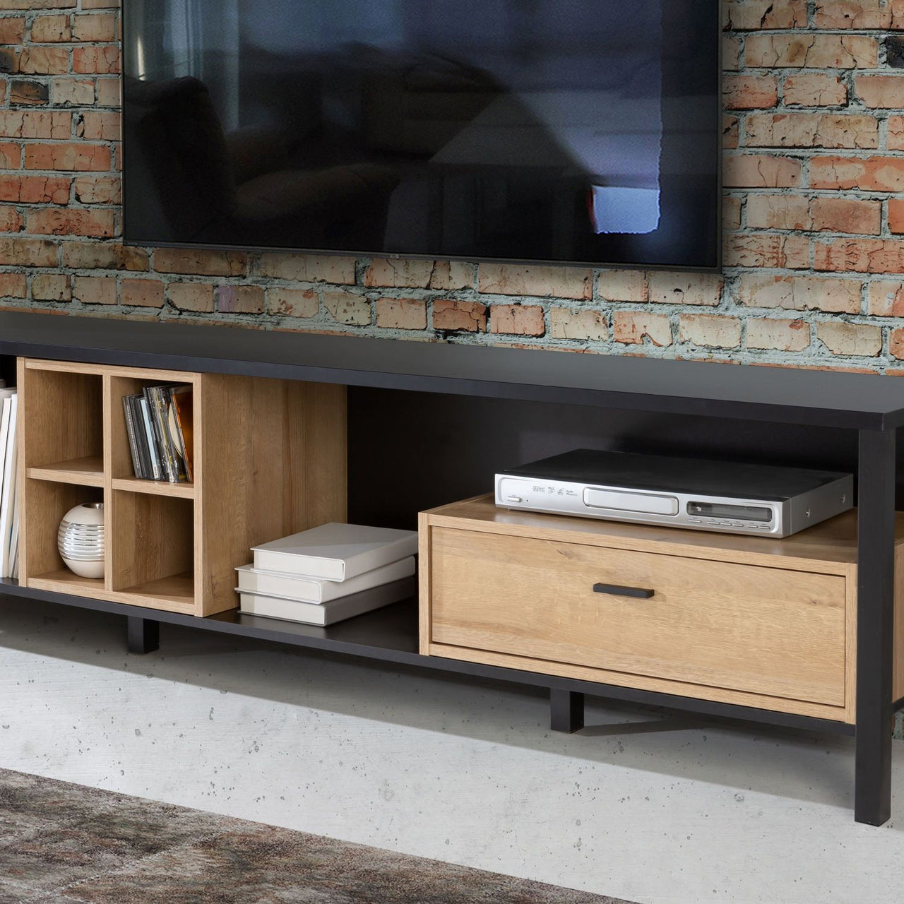 High Rock Wide TV Unit in Matt Black Riviera Oak