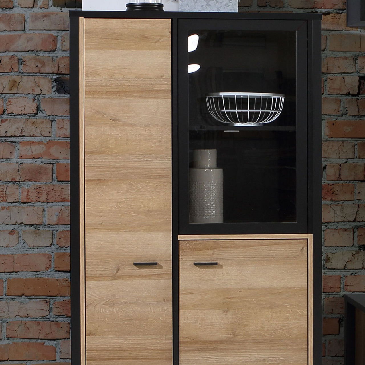 High Rock Small Display Cabinet in Matt Black Riviera Oak